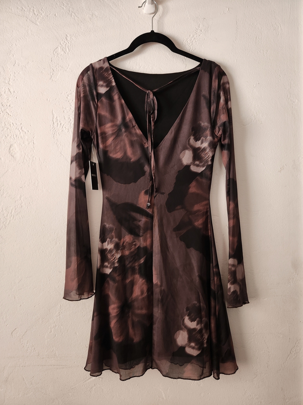 Forever 21 Brown and Black Long-Sleeve Floral Tie-Back Dress
